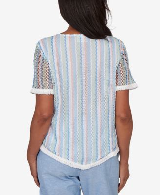 Women's Caribbean Blues Textured Stripe T-Shirt with Necklace
