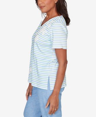 Women's Caribbean Blues Highlight Flower Striped T-Shirt