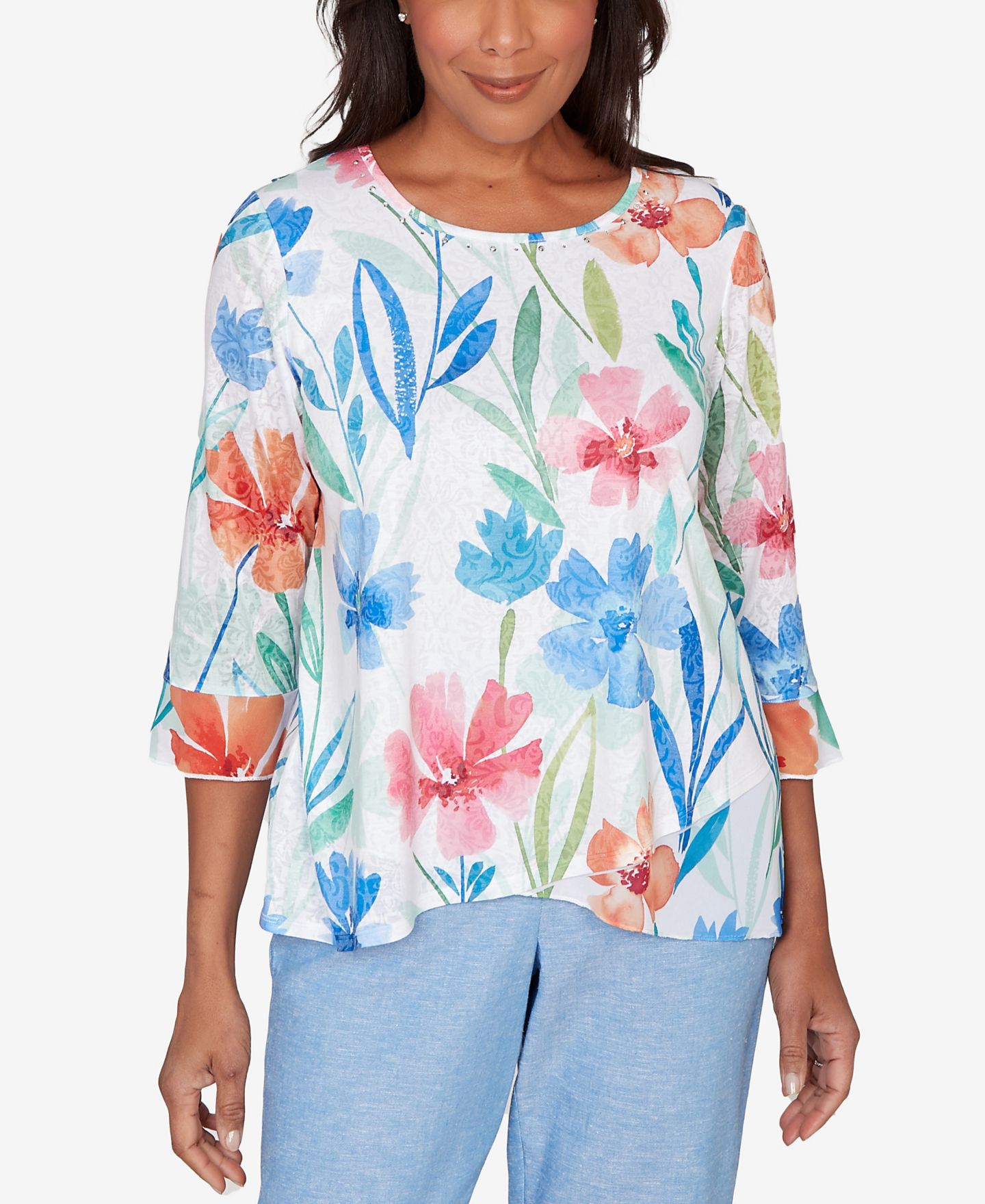 Женский топ Alfred Dunner Petite Caribbean Blues Whimsical Flower Bell Sleeve, цвет: Синий разноцветный — фото 1