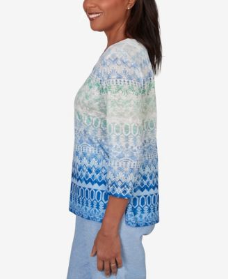 Petite Caribbean Blues Ombre Biadere Split Neck Top