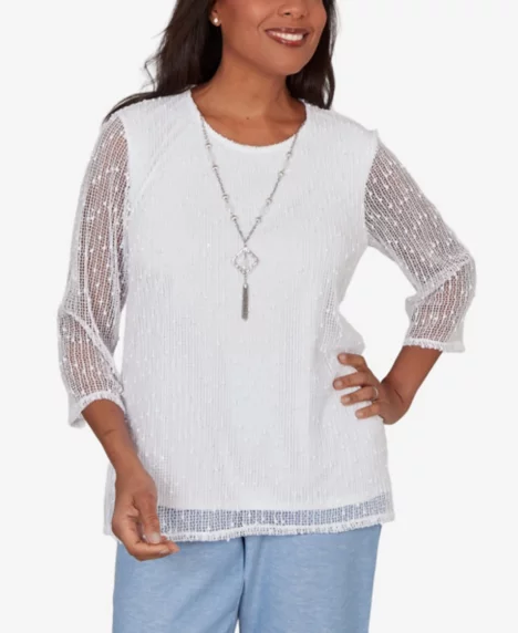 Petite Caribbean Blues Popcorn Mesh Solid Top  - White