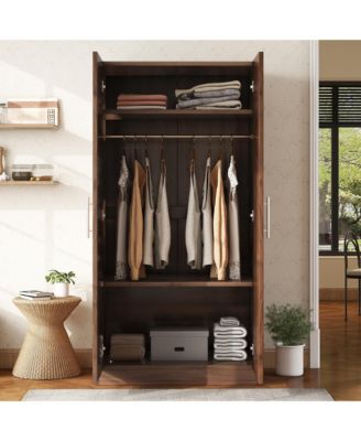 2 Door Wooden Wardrobe Armoire with 3 Storage Shelves Brown Clothing Storage Cabinet for Bedroom and Guest Room