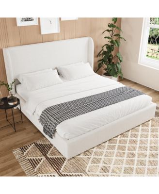 Boucle Cloud Bed Frame Upholstered Headboard Solid Wood Slats No Box Spring
