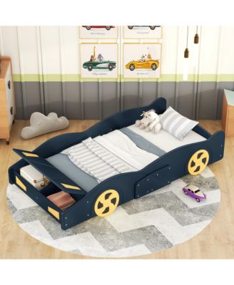 Race Car Shaped Platform Bed Dark Wheels Storage Pine Wood