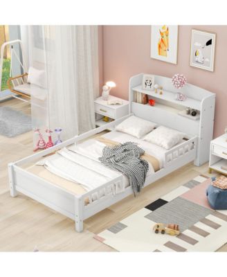 Wood Platform Bed LED Light Storage Headboard Guardrail Pine Wood