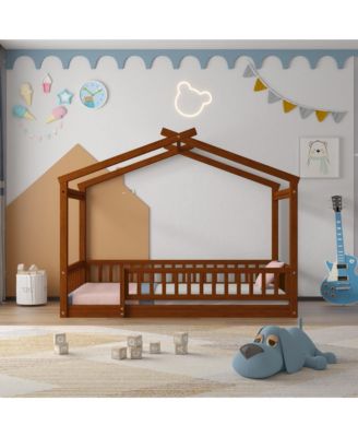 Wood House Bed Walnut Roof Fence Pine Wood Frame 7 Slats Kids Teens