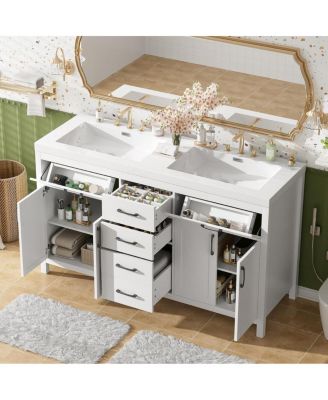 59.3" White Modern Solid Wood Frame Double Sink Vanity With SMC Sink, Black Handles, 4 Doors 5 Drawers Soft-Close