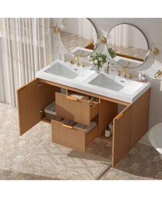47.24" Brown Modern MDF Double Sink Floating Vanity With SMC Top, Soft-Close Doors, Divided Drawers