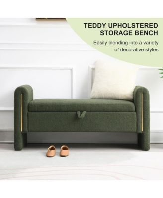 Upholstered Storage Ottoman, Modern Teddy End of Bed Bench, Window Storage Stool with Arms for Living Room, Bedroom