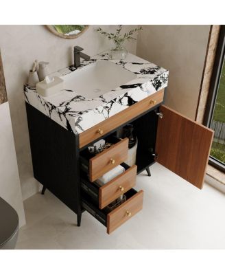 29.9" Freestanding Bathroom Vanity with Stone Gray Sintered Stone Top, Ceramic Sink, Soft Close Drawers & Storage Cabinet