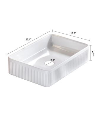 20.1" White Rectangular Ceramic Vessel Sink, Modern Drop-In Bathroom Basin with Vertical Stripe, Contemporary Style