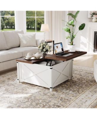 Farmhouse Coffee Table with Lift Top, 315" Square Rustic Cocktail Table with Storage, x-Shaped Design & Industrial Metal Accents, Sturdy Wood