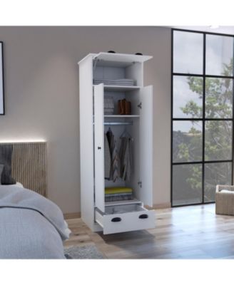 Armoire with 1 Drawer 1 Hinged Drawer Handles Double Door Cabinet and Hanging Rod for Bedroom Storage