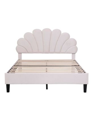 Upholstered Platform Bed Flower Pattern Velvet Headboard No Box Spring Needed