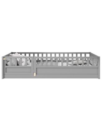 Montessori Wooden Floor Bed With Support Slat High Barrier And Door For Kids