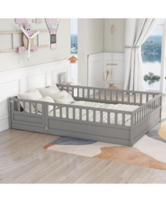 Montessori Wooden Floor Bed With Support Slat High Barrier And Door For Kids