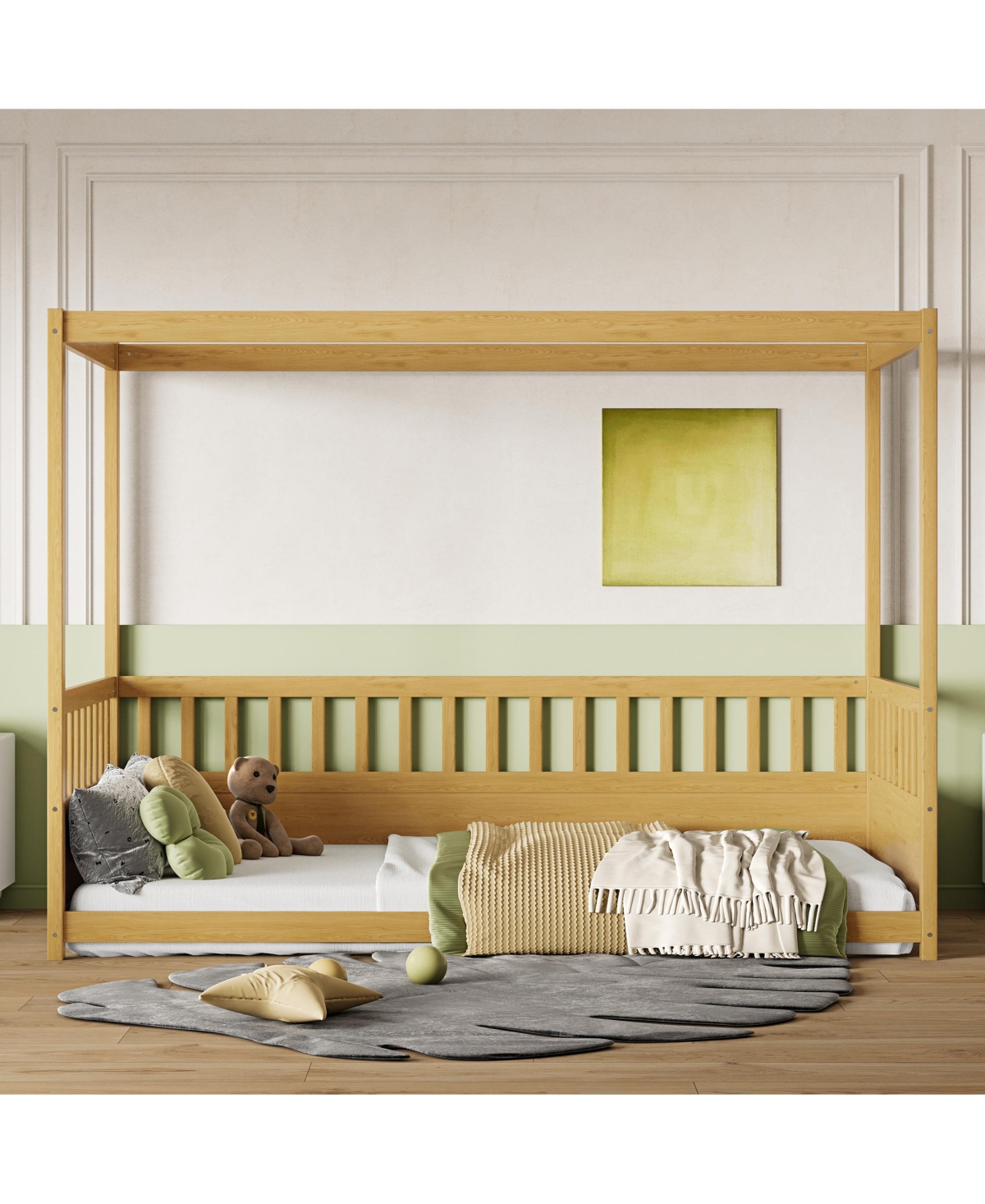 flynama Wooden Canopy Floor Bed With Guardrails Four Poster Design For Kids