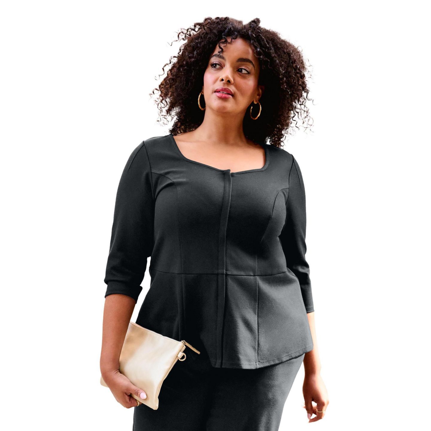 Женский топ Avenue Plus Size Ponte Zip Front, цвет: Чёрный — фото 1