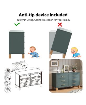 6 Drawer Double Dresser Modern Mid Century Storage Cabinet and Solid Wood Legs Metal Handles for Bedroom Kids Room Living Room