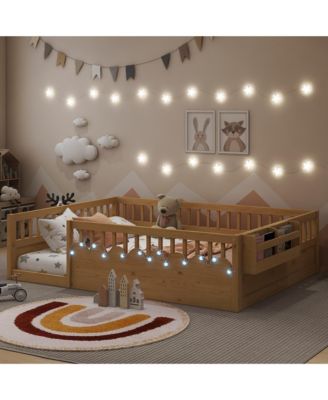 Wood Montessori Floor Bed with High Rails LED Light and Reversible Storage Shelf