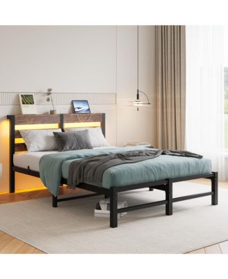 Metal Bed Wooden Headboard RGB Lights Charger Storage
