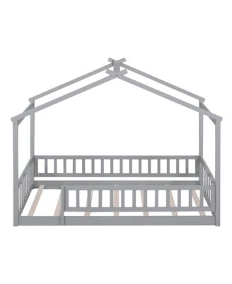 Wood House Bed Roof Fence Pine Wood Frame 7 Slats Kids Teens