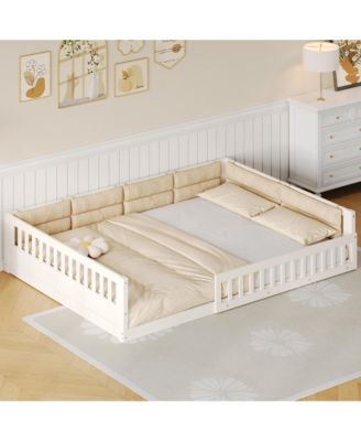 Wood Upholstered Platform Bed Guardrail Fluffy Pillows Pine Wood MDF