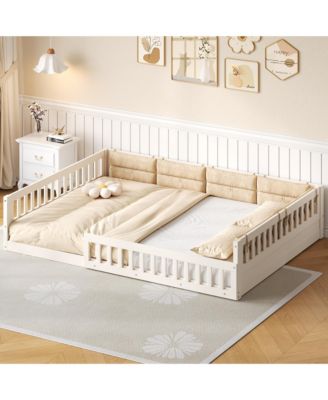 Wood Upholstered Platform Bed Guardrail Fluffy Pillows Pine Wood MDF