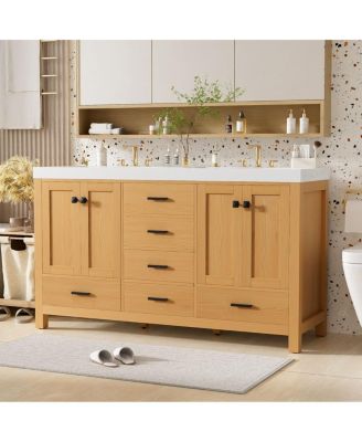 59.3" Brown Modern Wood Solid Wood MDF Double Sink Vanity With Dual SMC Sinks, 4 Doors 5 Drawers Soft-Close