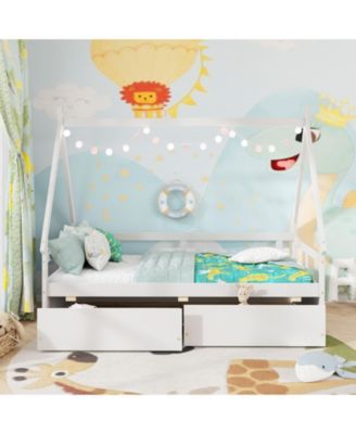 Twin Size House Bed with Roof Design and Safety Guardrails