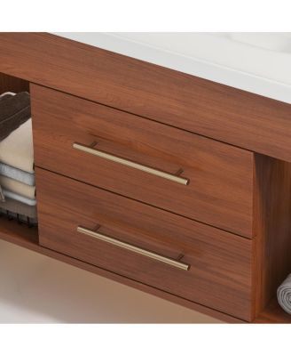35.4" Mid-Century Wall Mounted Bathroom Vanity with Integrated Ceramic Sink, Walnut Solid Wood, Soft Close Drawers, Open Shelves