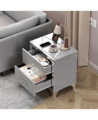 Durable Premium High Gloss Mirrored Nightstand with 2 Drawers Modern Bedroom End Table