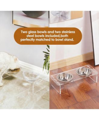 Elevated Pet Feeder Stand with Stainless Steel & Glass Bowls for Small/Medium Dogs Cats