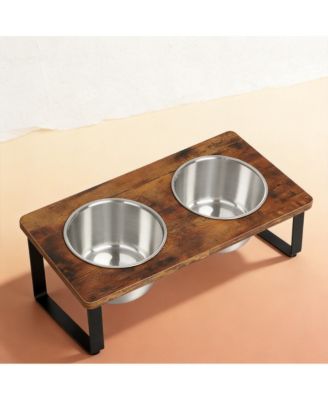 Elevated Dog Bowl Stand with 2 Stainless Steel Bowls Tilted Wood Metal Joint Strain Relief Non-slip