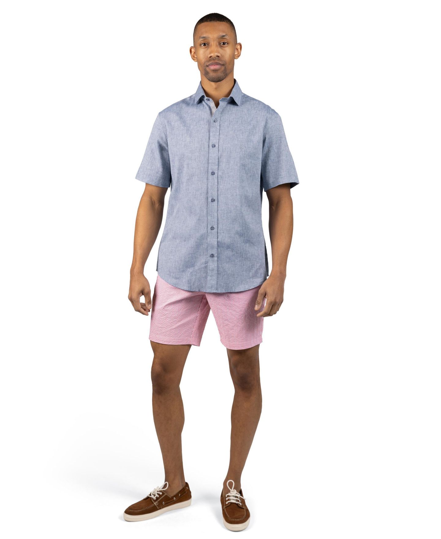Мужская рубашка Tailorbyrd Yarn Dyed Melange Linen Short Sleeve, цвет: Джинсовый синий — фото 3