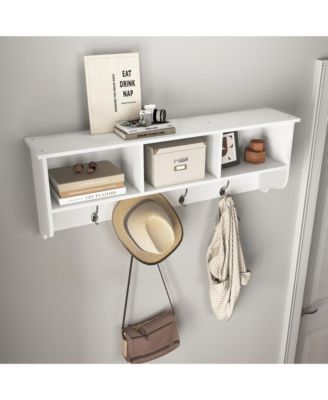 Wall Mounted Coat Rack - Wooden Storage Shelf with 4 Dual Hooks and 3 Shelves for Living Room