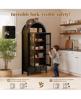 Arched Glass Door Sideboard Cabinet, 71” Tall Wood Display Cabinet with Drawer and Invisible Lock, Bookshelf for Living Room, Office, Entryway
