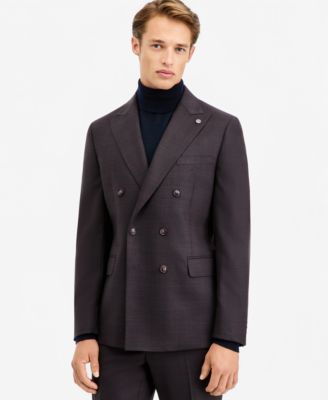 Men's Modern-Fit Burgundy Plaid Suit Separate Double-Breasted Jacket