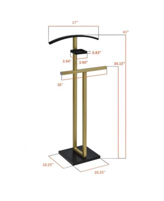 Freestanding Valet Stand with Tray & Pants Bar, Metal & Wooden Suit Rack Clothes Organizer with Storage Shelf for Bedroom