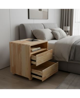 Elegant Modern Wooden Nightstand with 2 Drawers Natural Finish Bedside Table for Bedroom Living Room
