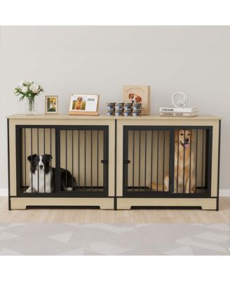 Double Room Dog Crate Furniture – XL Wooden Kennel with Trays for 2 Large Dogs