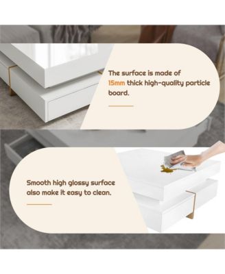 Modern High Gloss Coffee Table, Multi-Storage Square Center Table with 4 Drawers and Wood Grain Legs for Living Room