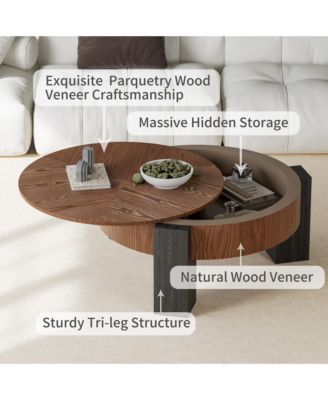 Round Coffee Table with Hidden Storage - Wood Parquet Veneer Top Table, 3 Block Legs, Center Accent Table for Living Room.
