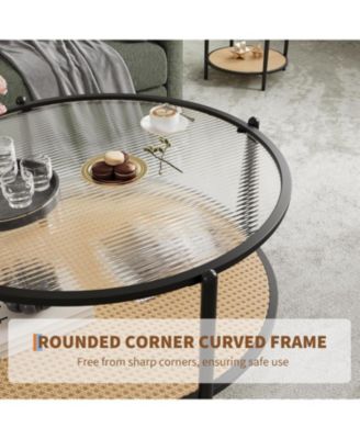 “30″ Rattan Coffee Table, 2 Tier Round End Table with Water Wave Glass & Storage – Modern”