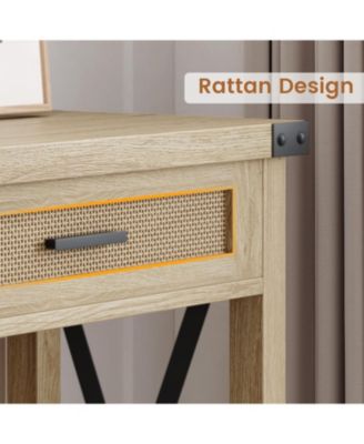 Farmhouse Entryway Console Table with Rattan Drawers, Sofa Table with Storage for Living Room, Hallway, Entryway