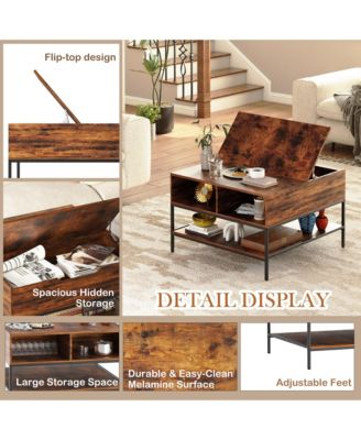 Flip-Top Coffee Table - Farmhouse Center Table with Hidden Compartment and Shelves for Living Room