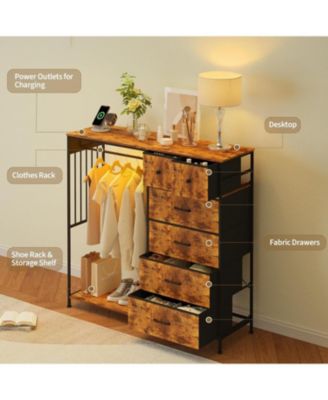 Dresser with Hanging Rack, Reversible 6 Drawers Dresser with Led Lights & Charging Station, Fabric Closet Dressers & Chest of Drawers