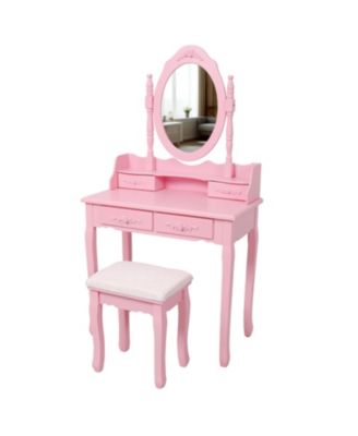 Princess Vanity Desk Set with 360 Rotating Mirror Cushioned Stool 4 Drawer Wooden Makeup Table for Girls Bedroom