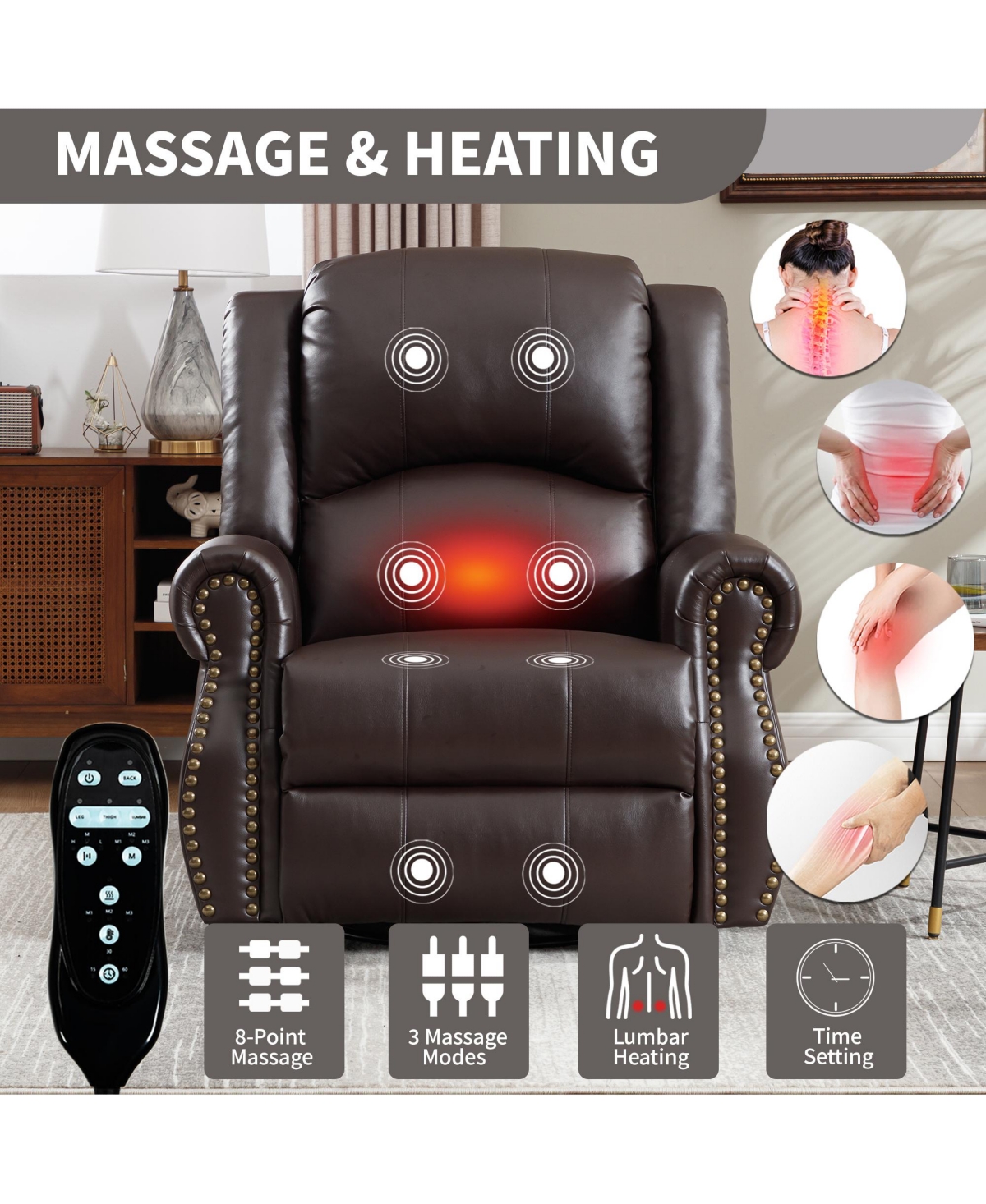 Sumyeg Recliner Chair with Heat Massage Manual Rocker and Swivel Fabric