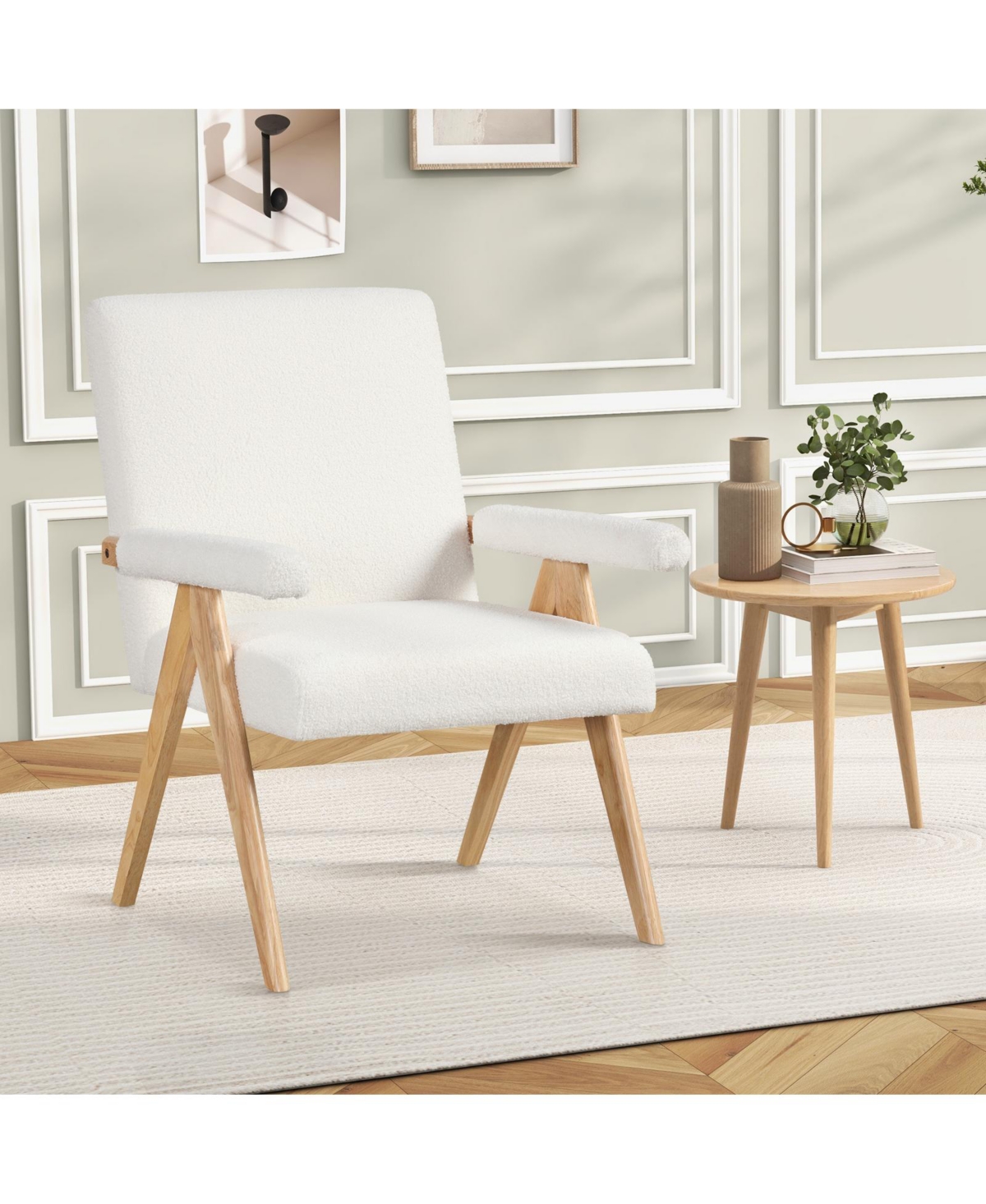 Sugift Mid Century Modern Accent Chair with Rubber Wood Frame and Padded Armrests